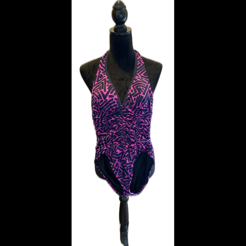 MagicSuit One Piece Slimming Swimsuit Ruched Halter Dark Pink‎ Black Size 8 Sexy